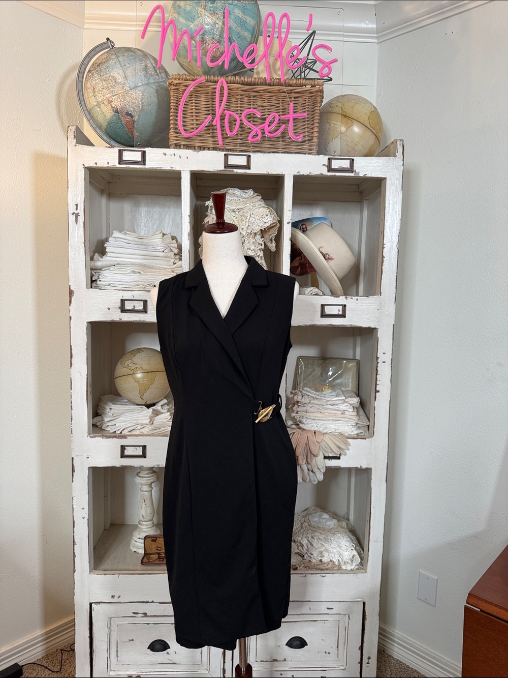 Calvin Klein Black Sleeveless Wrap Midi Dress with Gold Buckle